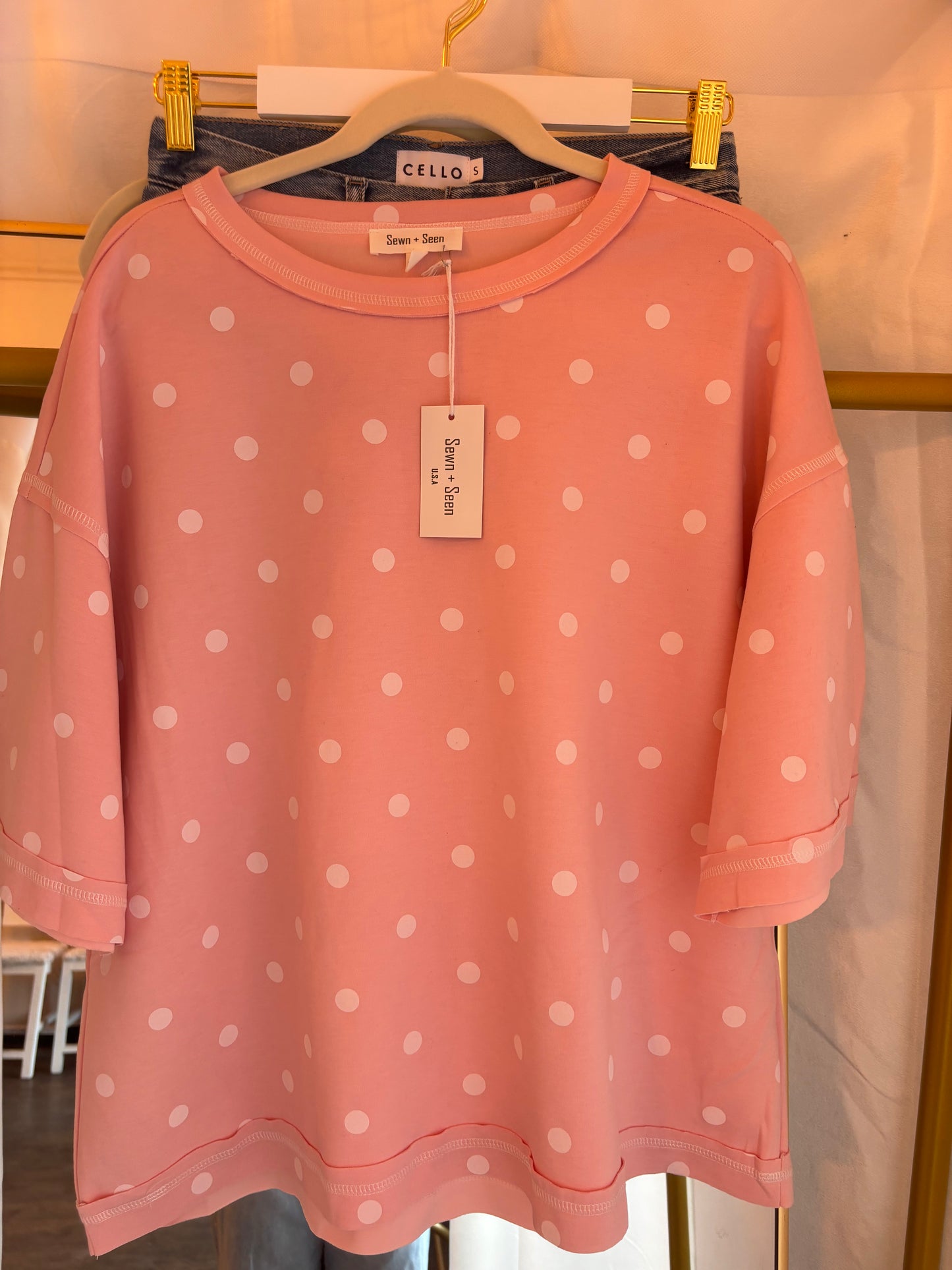 pink polka dot shirt